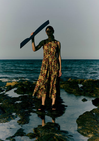 Abito in popeline di cotone con stampa folk collage | Multicolore