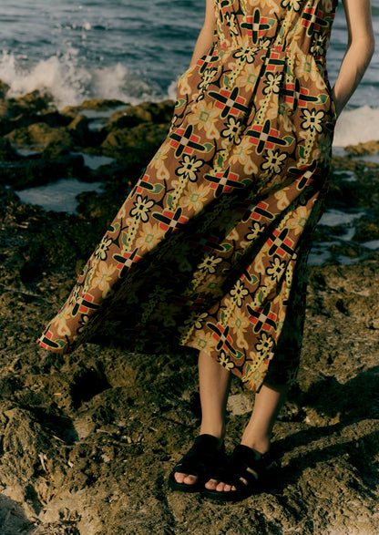 Abito in popeline di cotone con stampa folk collage | Multicolore