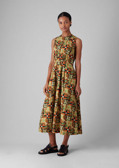 Abito in popeline di cotone con stampa folk collage | Multicolore