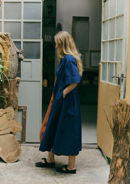 Abito in cotone e lino plissettato | Blu medio