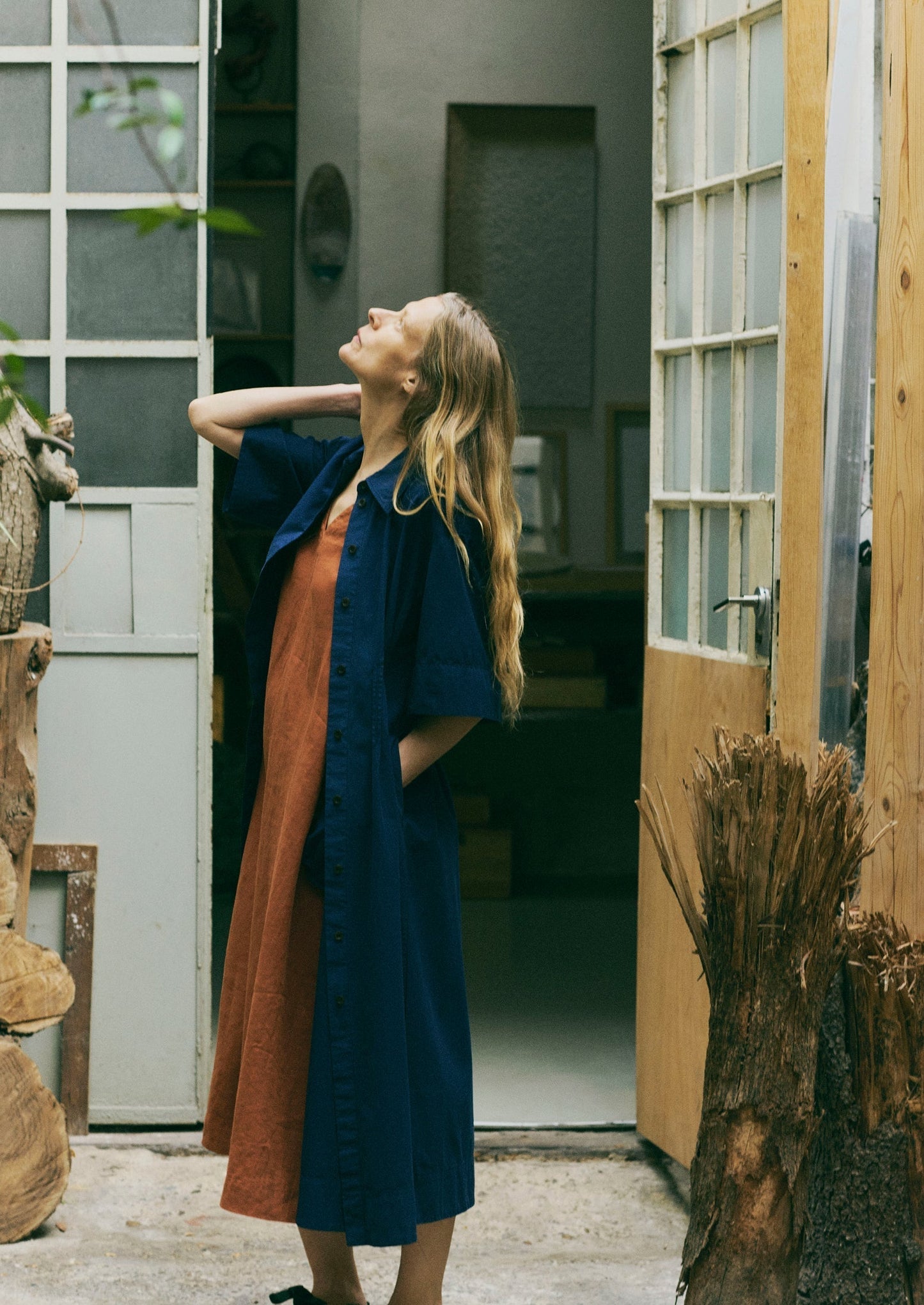 Abito in cotone e lino plissettato | Blu medio