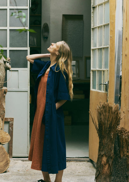 Abito in cotone e lino plissettato | Blu medio