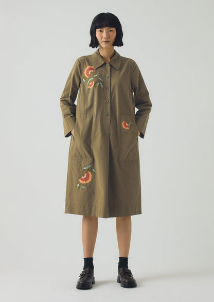 Abito camicia in cotone a righe mini ricamato | Oliva