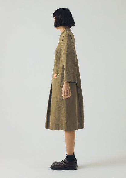 Abito camicia in cotone a righe mini ricamato | Oliva