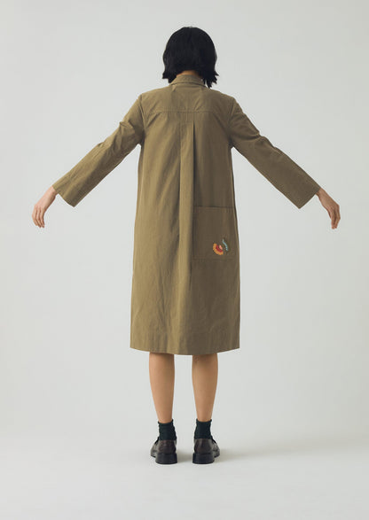 Abito camicia in cotone a righe mini ricamato | Oliva