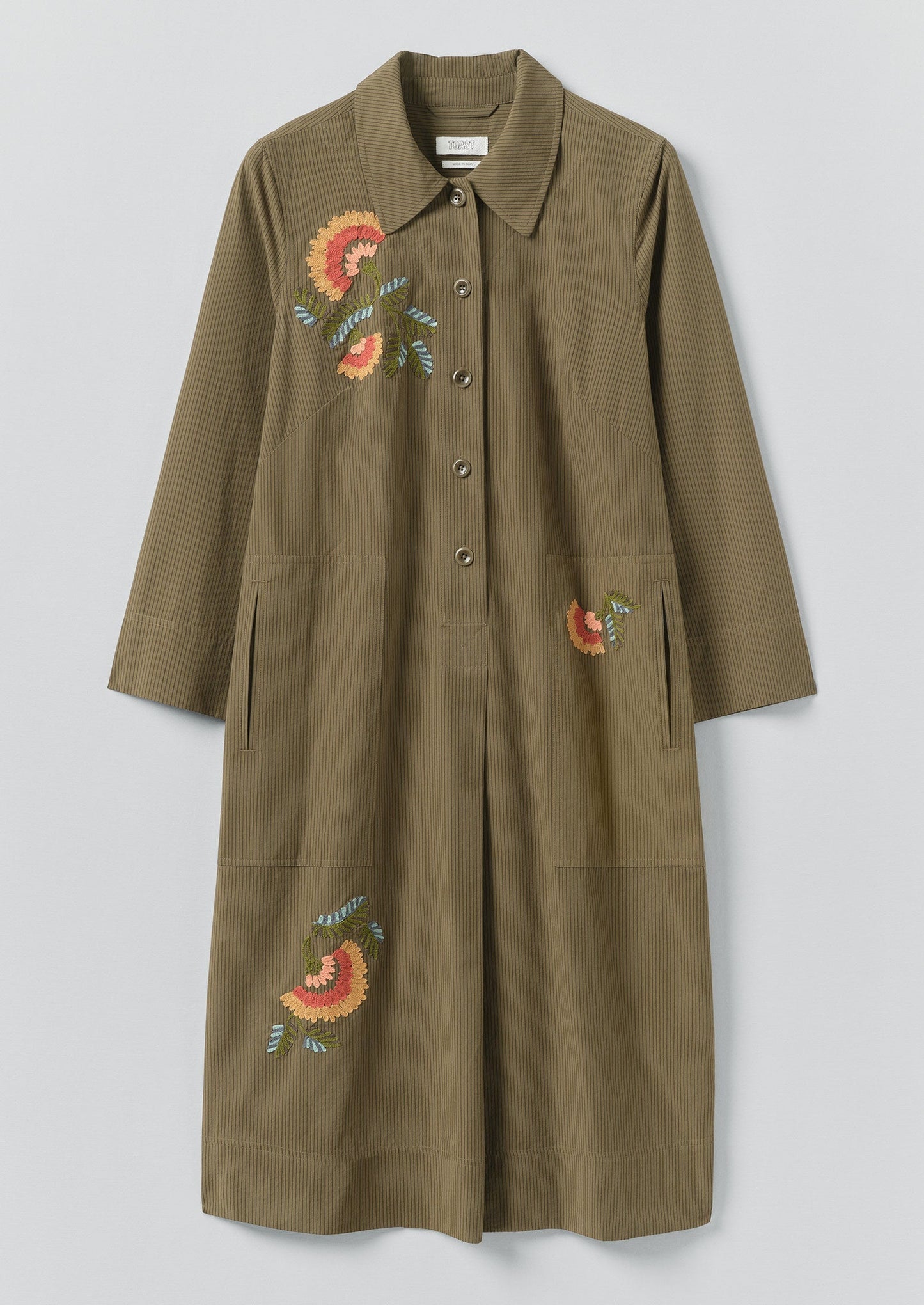 Abito camicia in cotone a righe mini ricamato | Oliva