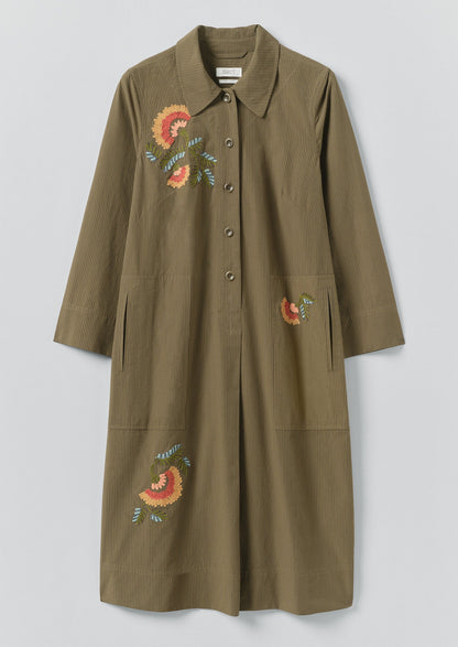 Abito camicia in cotone a righe mini ricamato | Oliva