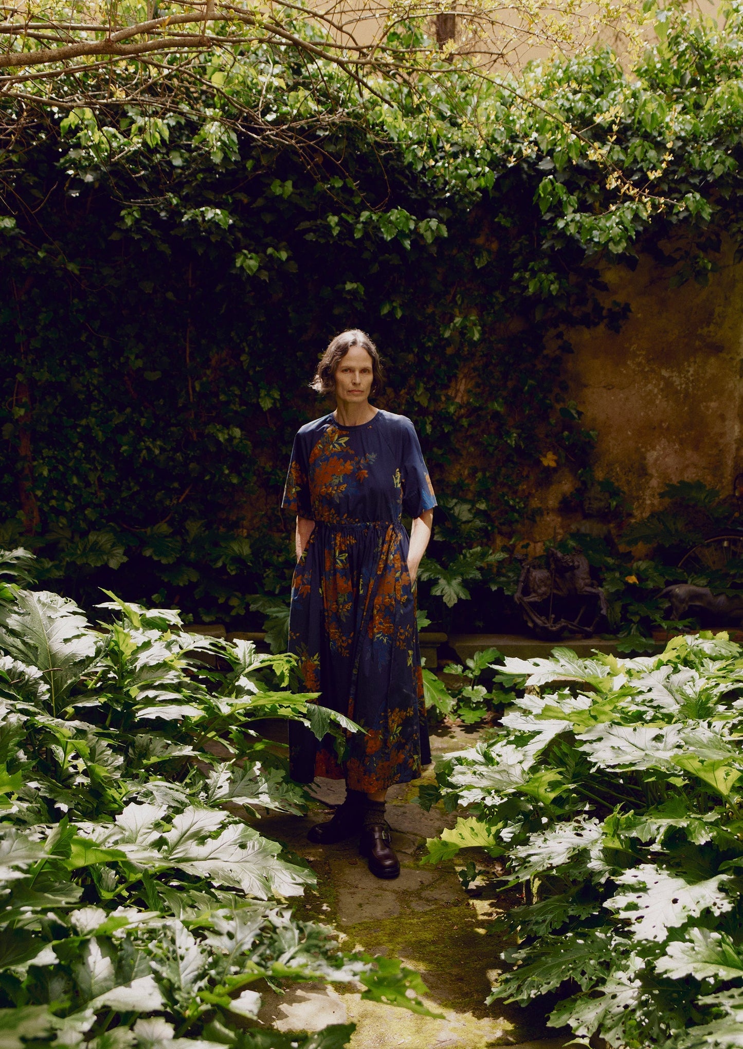 Abito in cotone con stampa botanica Shadow | Blu ombra