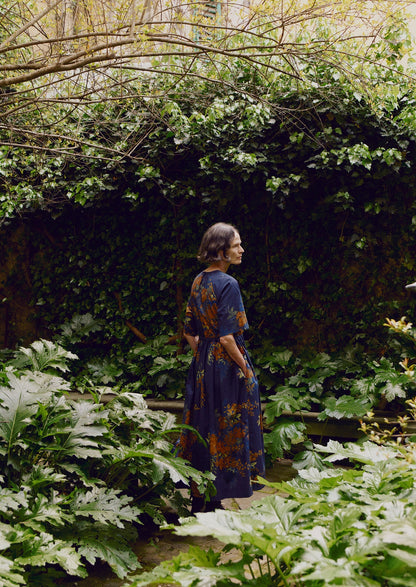 Abito in cotone con stampa botanica Shadow | Blu ombra