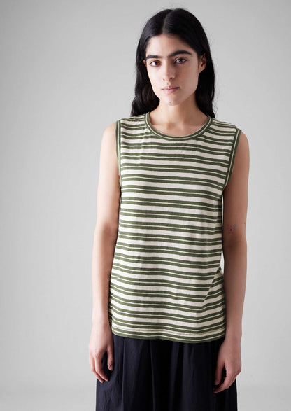 Maglietta senza maniche a righe | Verde oliva scuro/Ecru