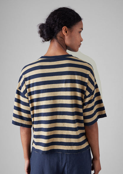 Maglietta squadrata in cotone a righe vivaci | Blu/Sabbia