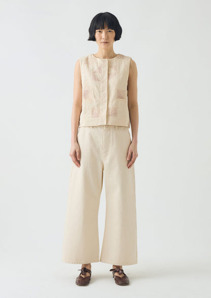 Gilet in cotone con punto patchwork Kantha | Ecru