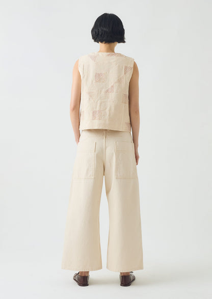 Gilet in cotone con punto patchwork Kantha | Ecru