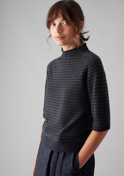 Maglione a righe in lana e cashmere a mezza manica | Blu navy scuro/oliva