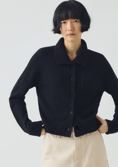 Cardigan in lana con colletto | Blu navy scuro