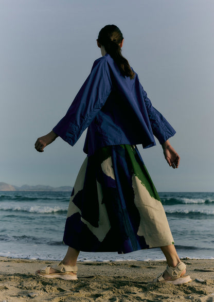Gonna in lino e cotone con stampa washi | Ecru/Blu/Verde