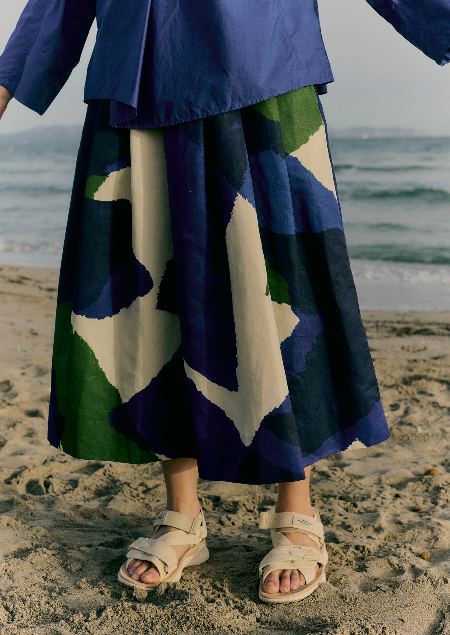 Gonna in lino e cotone con stampa washi | Ecru/Blu/Verde