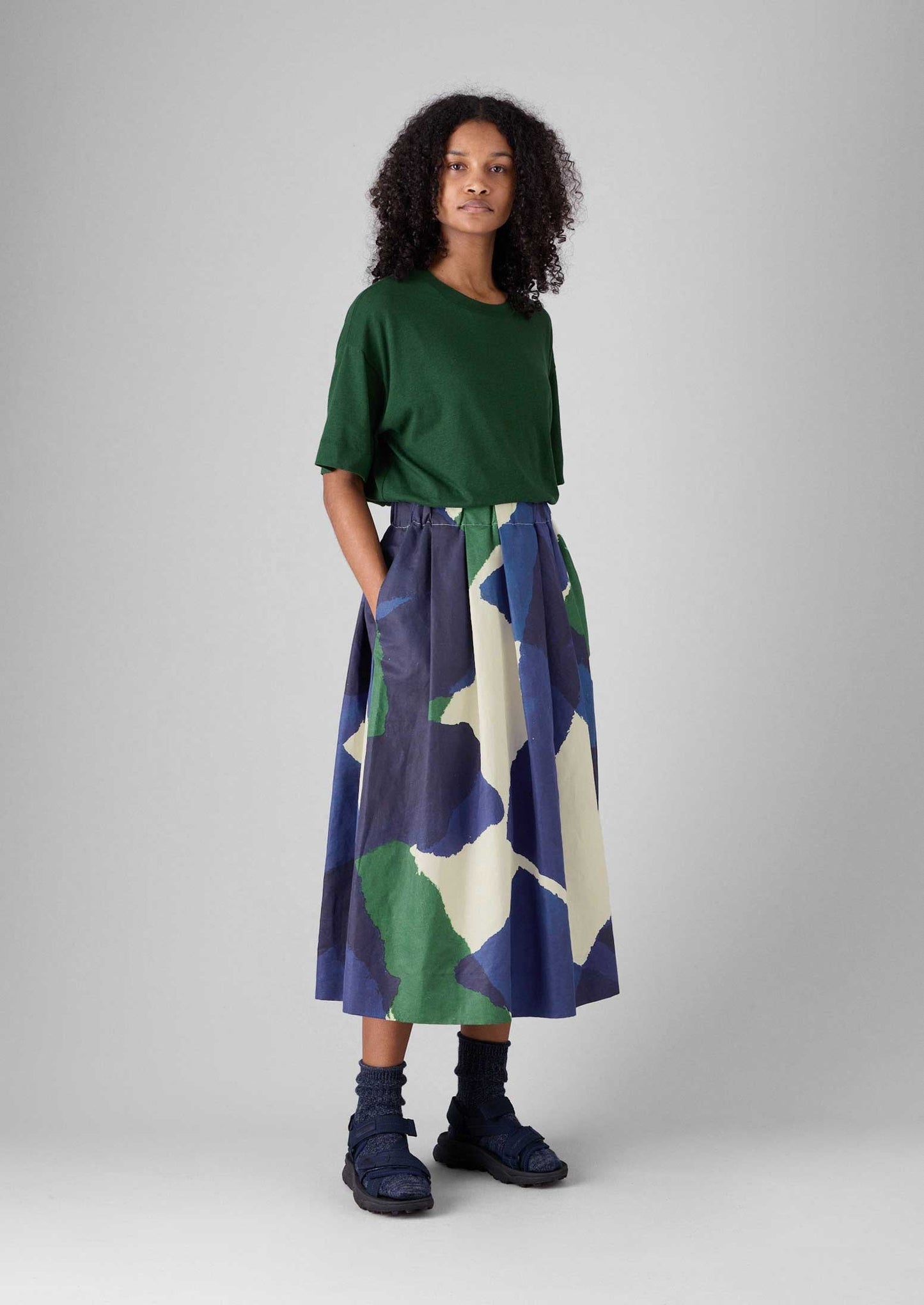 Gonna in lino e cotone con stampa washi | Ecru/Blu/Verde
