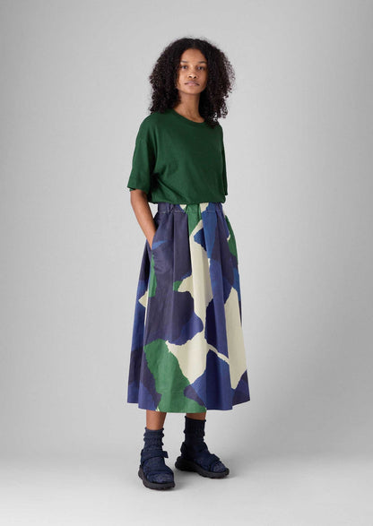 Gonna in lino e cotone con stampa washi | Ecru/Blu/Verde