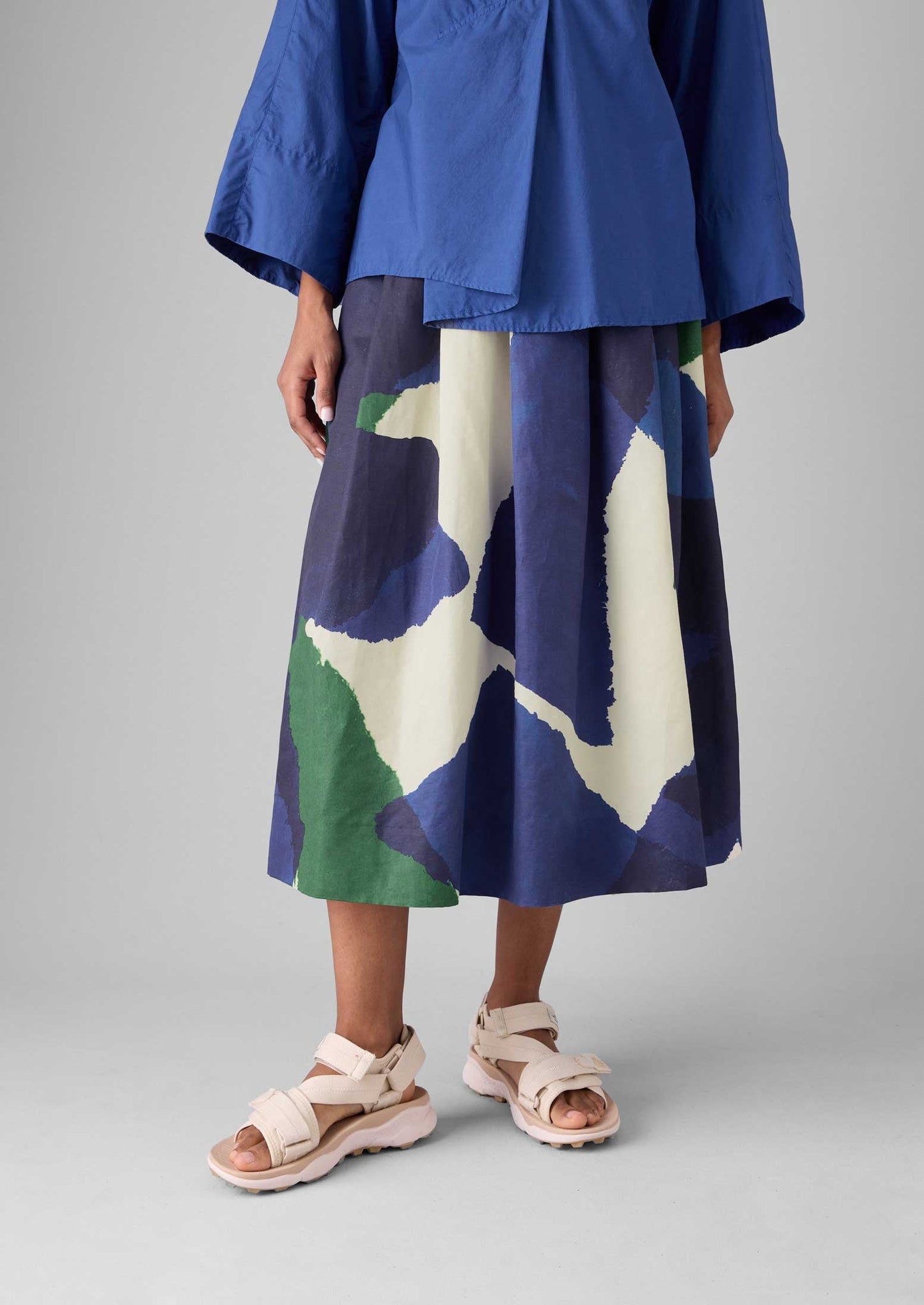 Gonna in lino e cotone con stampa washi | Ecru/Blu/Verde