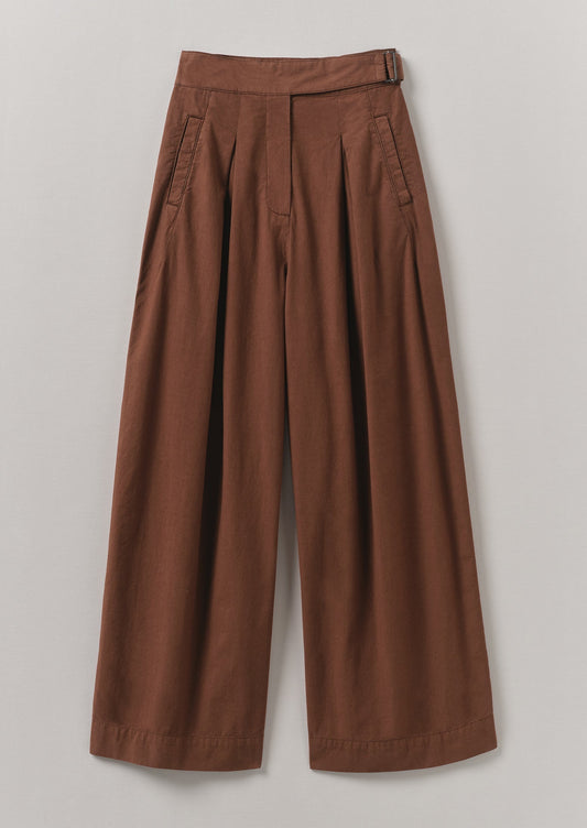 Pantaloni a gamba larga in popeline di cotone e lino con cintura | Marrone ocra