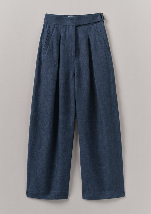Pantaloni a gamba larga in lino con cintura | Blu denim