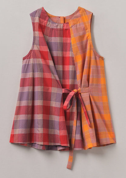 Top in cotone a quadri con pannelli annodati sul davanti | Rosso brillante/Glicine