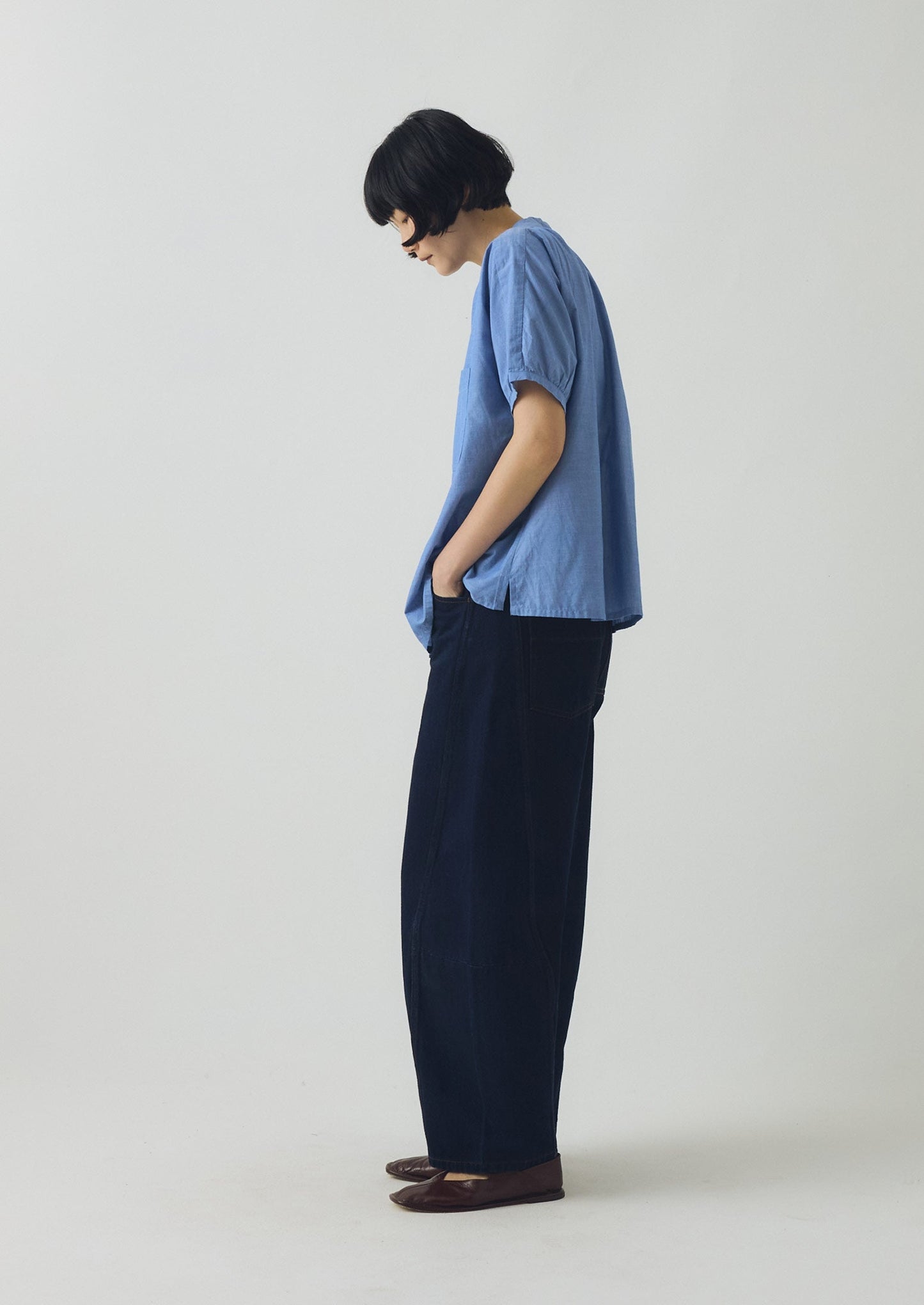 Camicia in chambray di cotone arricciato | Azzurro