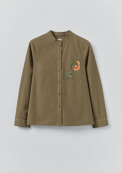 Camicia in cotone a righe mini ricamate | Oliva