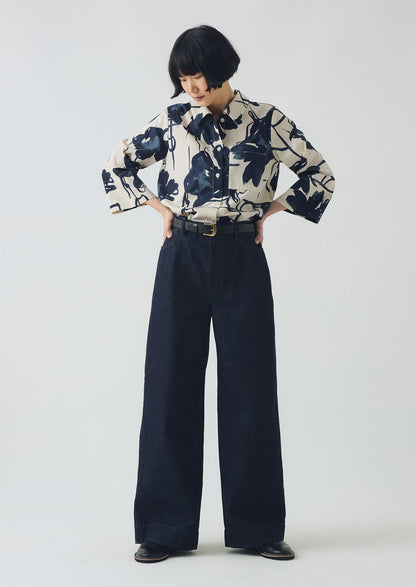 Camicia in popeline di cotone con stampa a penna e inchiostro | Blu inchiostro