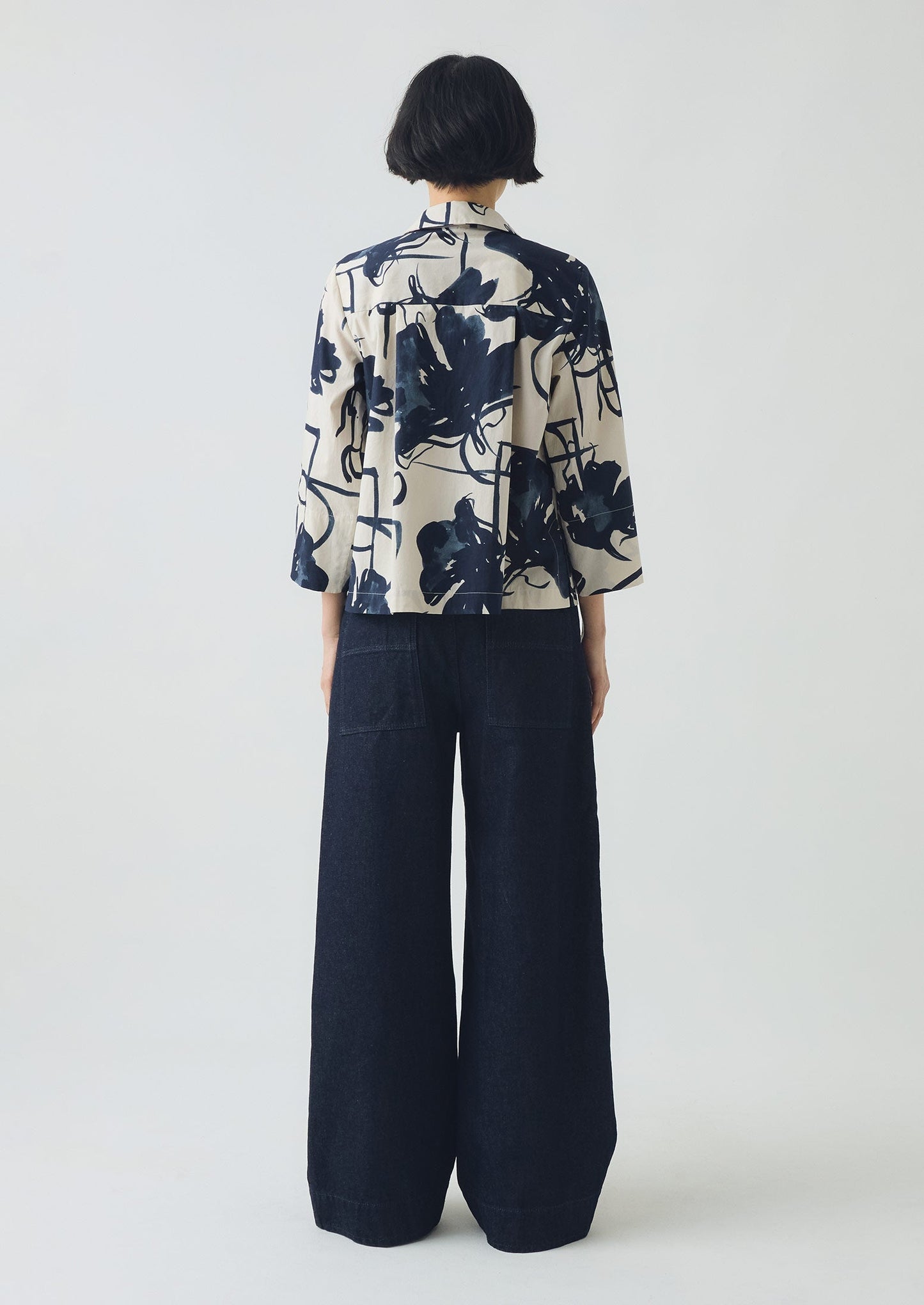 Camicia in popeline di cotone con stampa a penna e inchiostro | Blu inchiostro