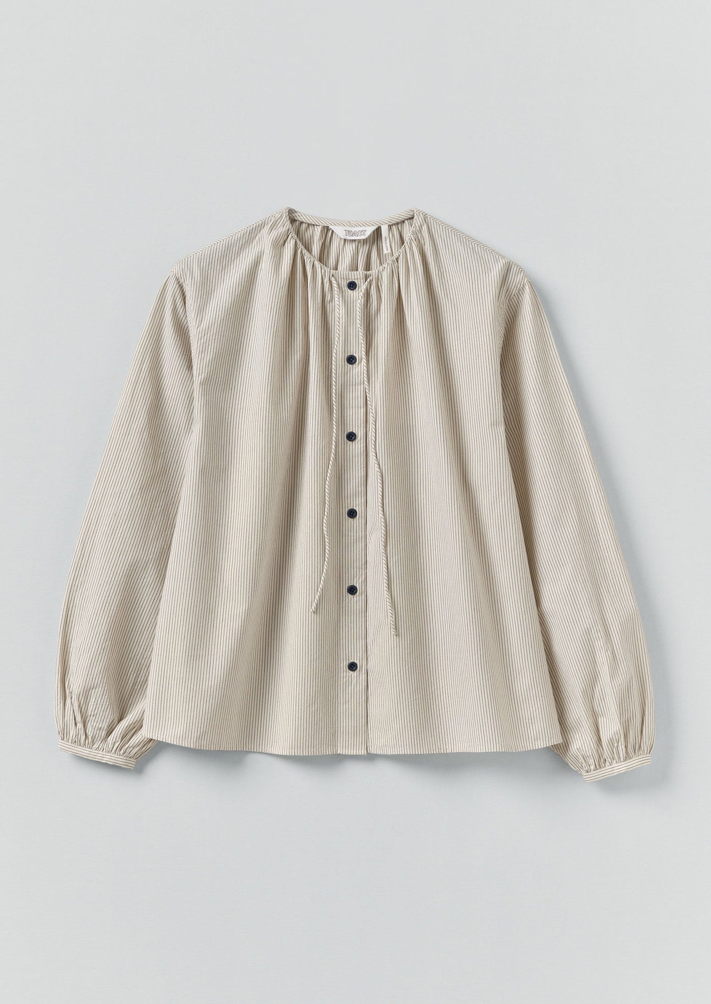 Camicia a righe mini con scollo arricciato | Blu sbiadito dal sole