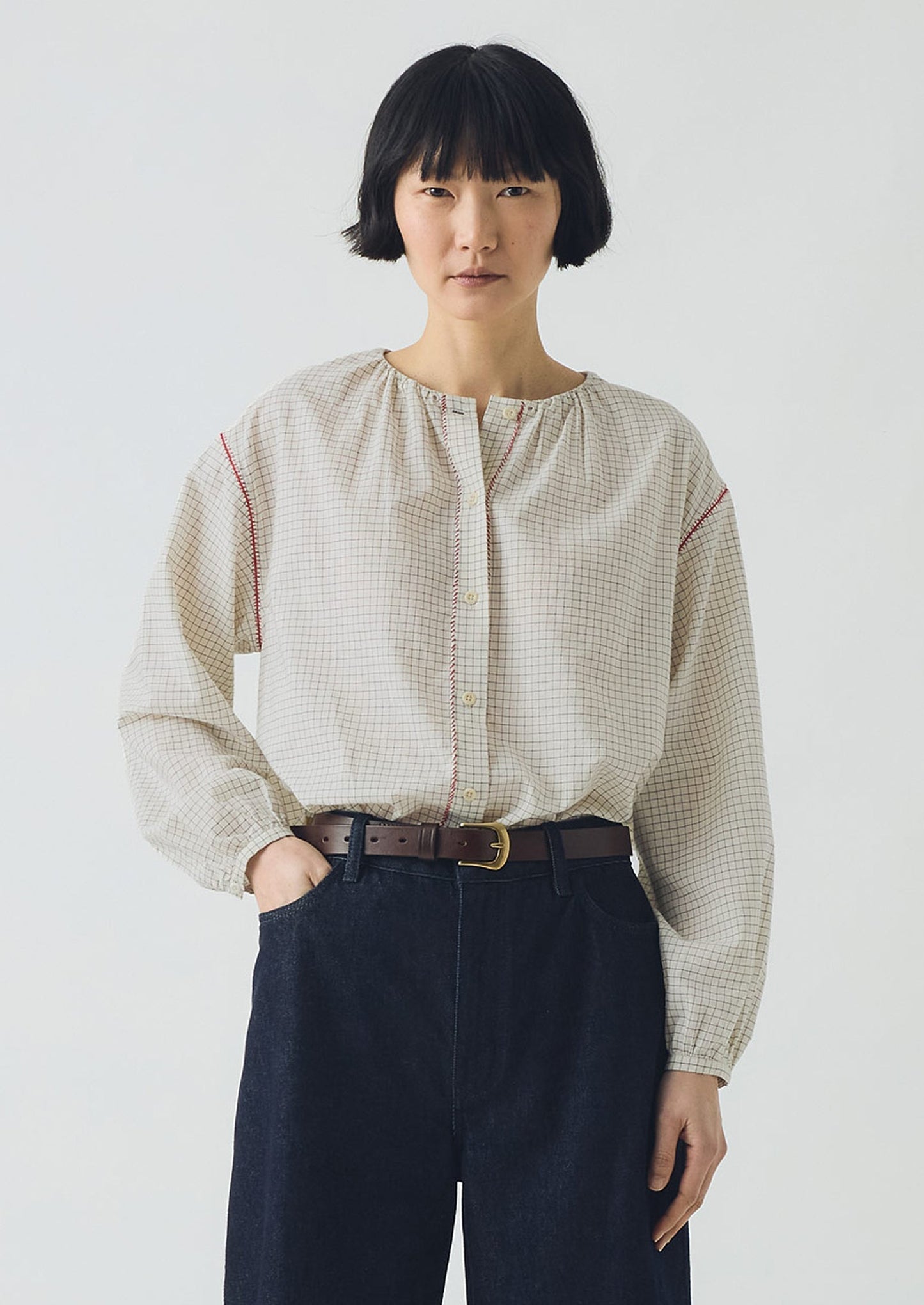 Camicia Mulmul a quadri | Ecru