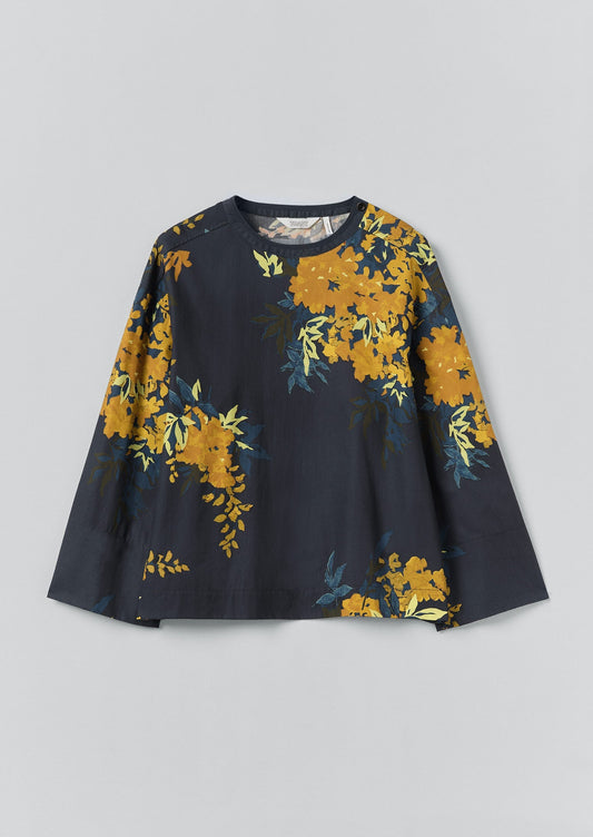Top in cotone con stampa botanica Shadow | Blu ombra